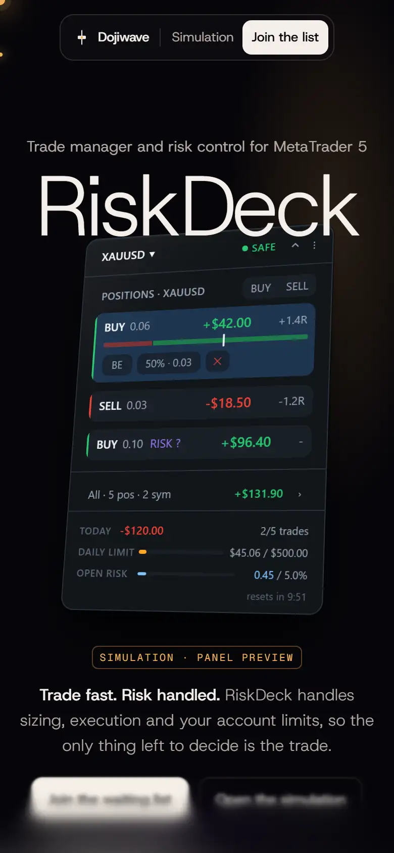 RiskDeck, asystent zleceń dla MetaTrader 5: widok na telefonie