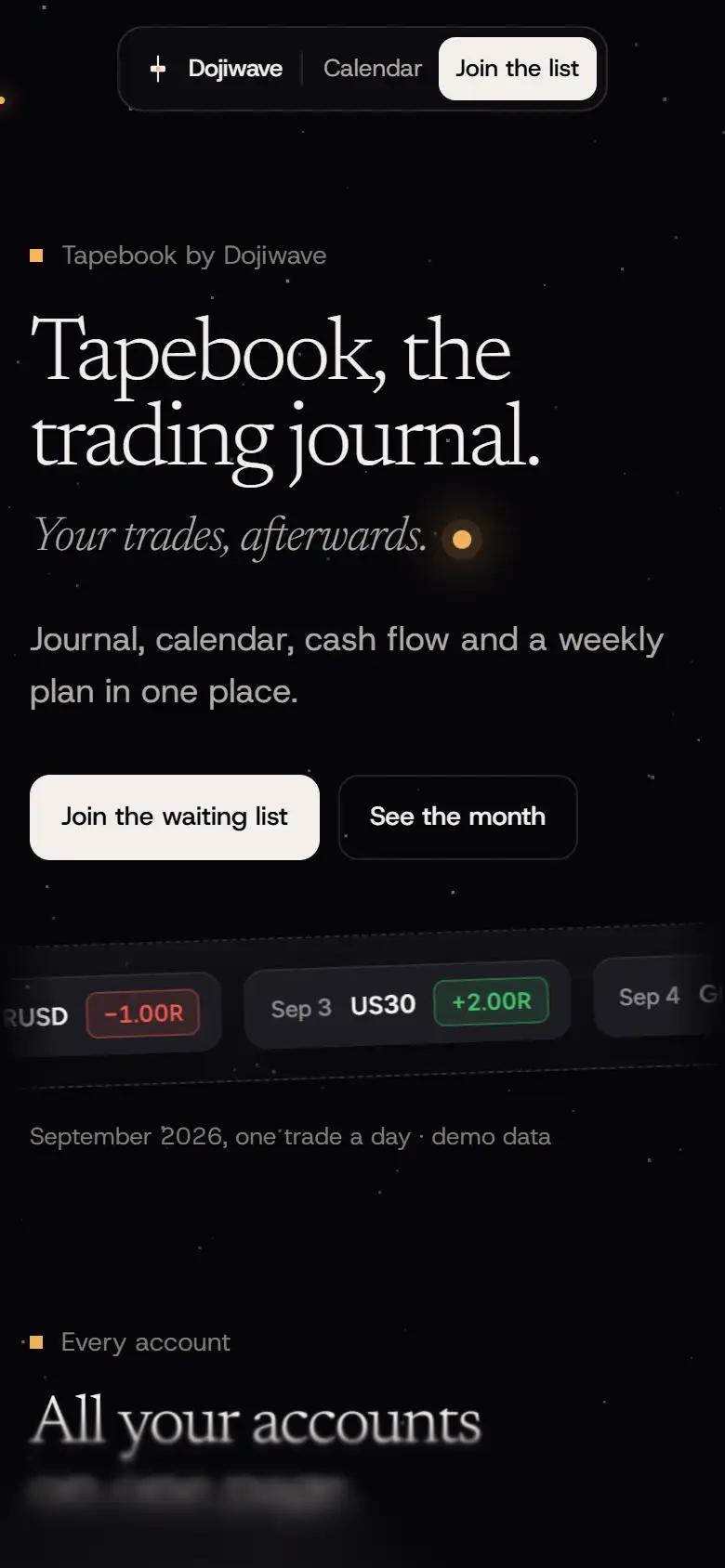 Tapebook, trading journal: mobile view