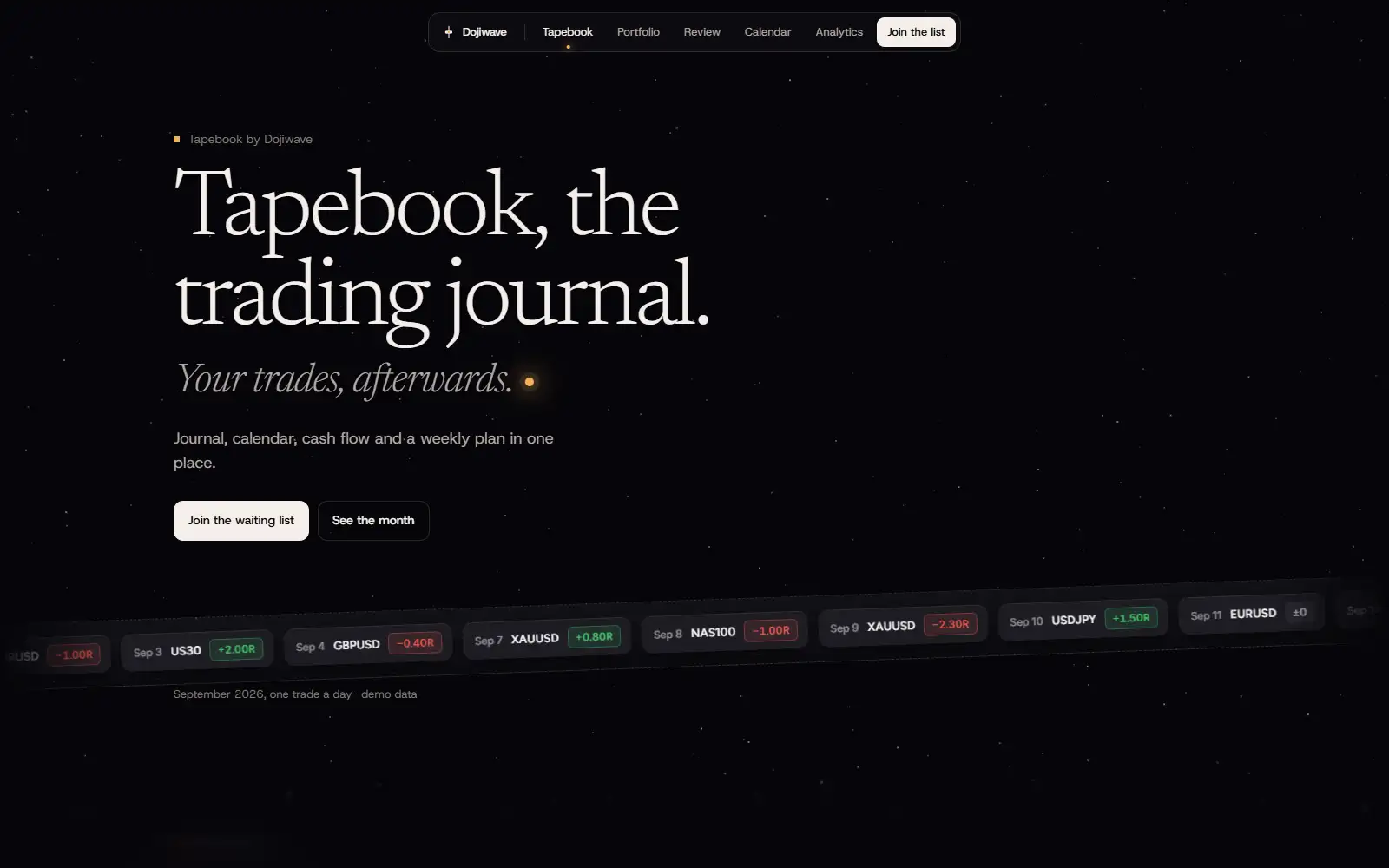 Tapebook, trading journal: first screen