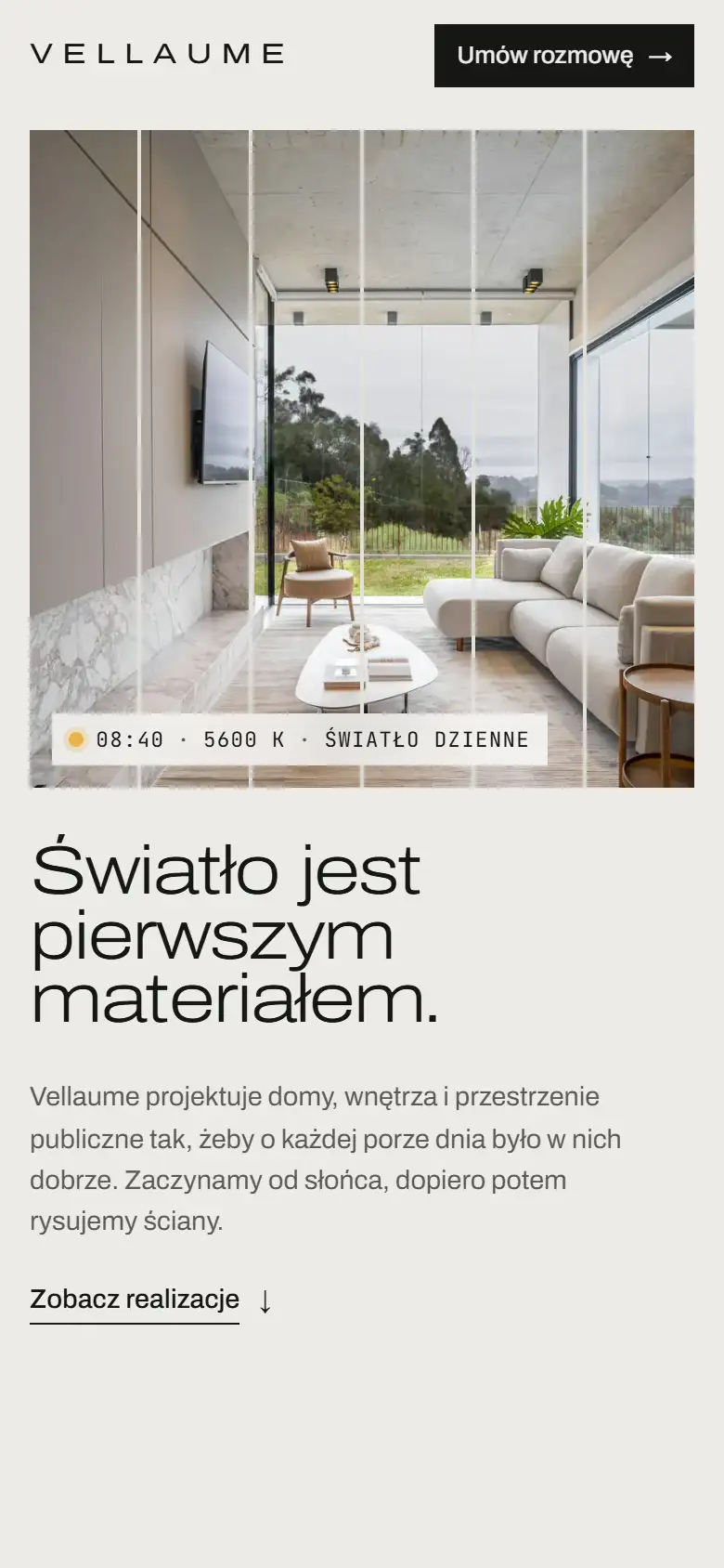Vellaume, strona studia architektury: widok na telefonie
