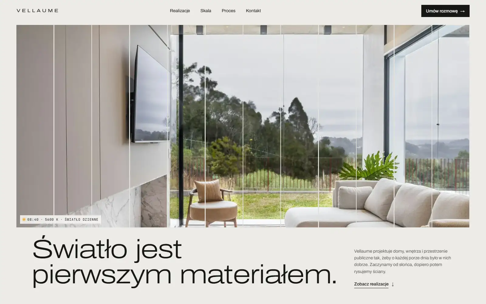 Vellaume, strona studia architektury: pierwszy ekran